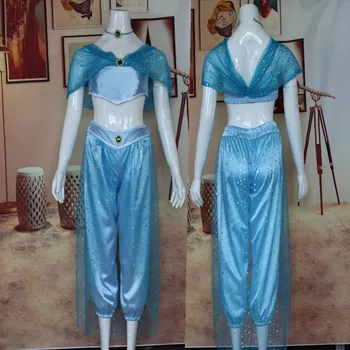 

Woman Princess Cosplay Costume Sexy Blue Crop Top And Pants 2PCS Set Arab National Costume Halloween Princess Cosplay Costume