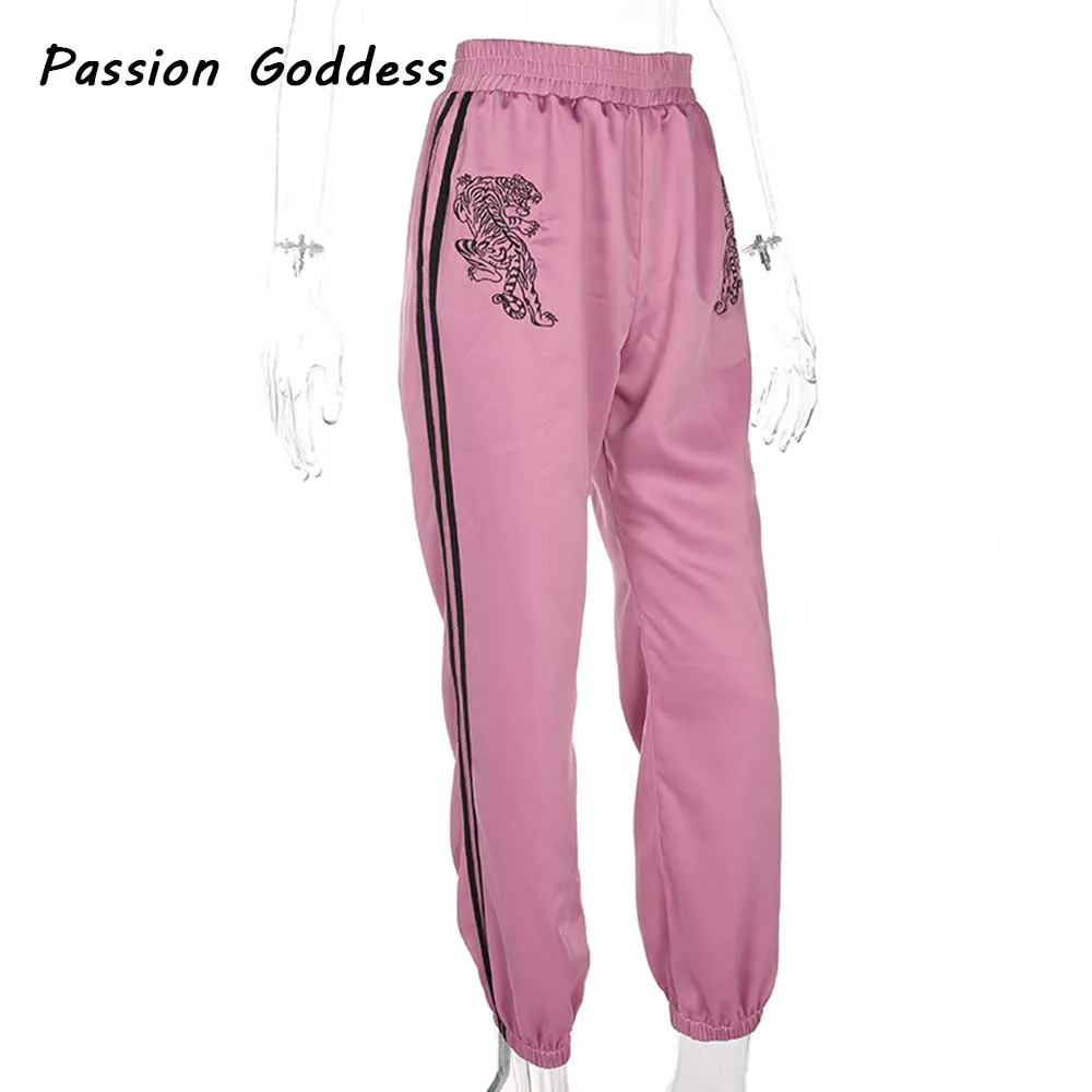 Розовые женские штаны с вышивкой тигра, спортивные штаны с боковой полосой, женские штаны-шаровары с высокой талией, повседневные спортивные штаны