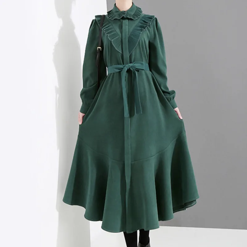 

[EWQ] 2019 New Summer Turn Down Collar Long Sleeve Patchwork Loose Ruffles Pleated Stitch Irregular Dress JL9820 Loss promotion
