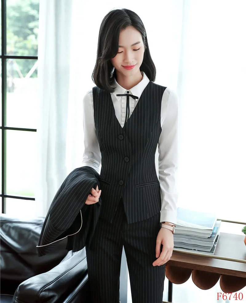 

Formal Vest & Waistcoat Women Business Suits with Pant and Top Sets Black Ladies Office Uniform Designs Styles