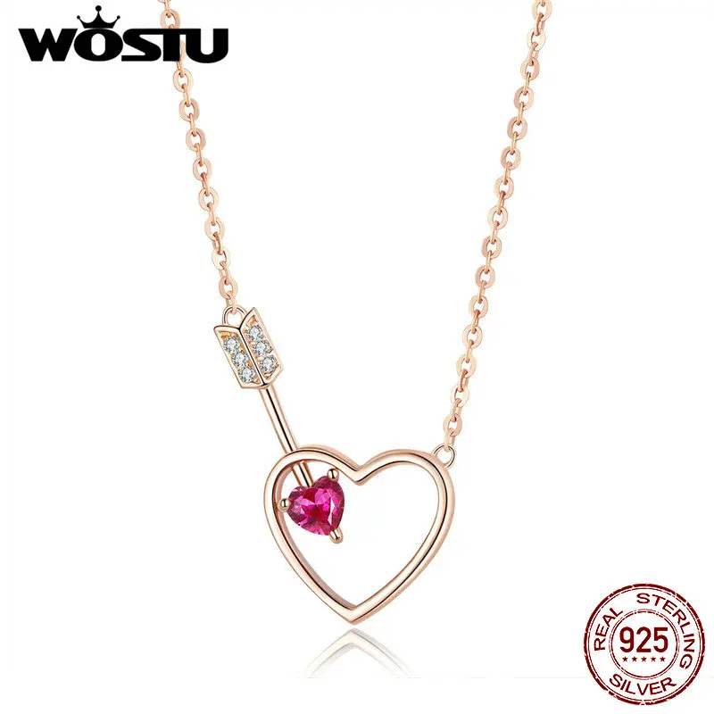 

WOSTU Real 100% 925 Sterling Silver Cupid Arrow Heart Rose Gold Necklaces Pink Zircon Pendant For Women Wedding Jewelry CTN059