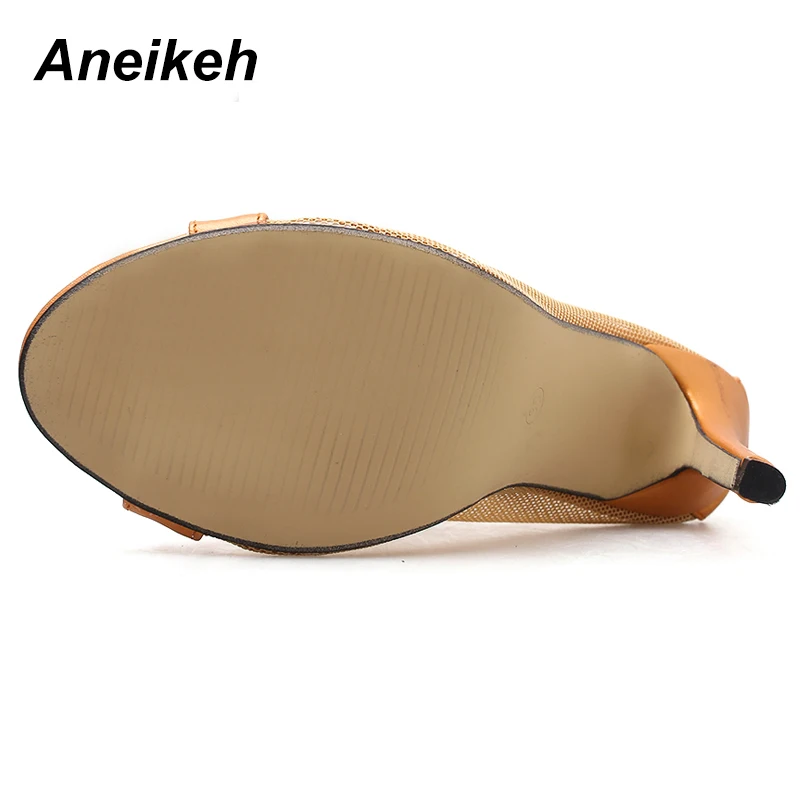 Aneikeh/Новые Модные женские сандалии-гладиаторы до щиколотки из сетчатого материала; полусапожки на высоком каблуке; пикантные модельные туфли на шнуровке с открытым носком