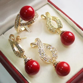 

1Set AAA 12mm Red Shell Pearl Pendant Necklace Earrings Ring Set