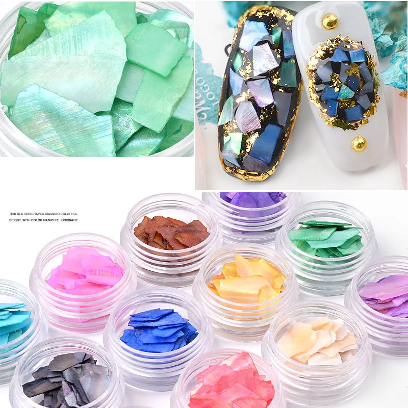 

12 Pot Ultra Thin Natural Shell Abalone Flakes Nail Art Decoration Mermaid Broken Sequins 3d Manicure Uv Gel DIY New Arrival Set