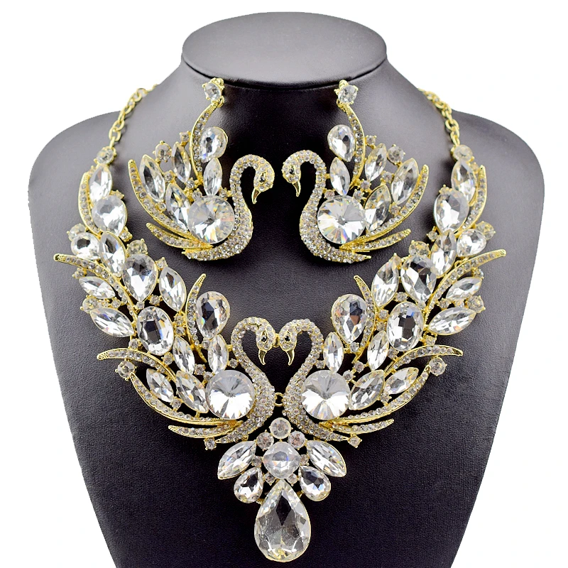 

2018 New Fashion Gold Color full Crystal Rhinestone Swan Necklace and Earrings Set for Women Party Bridal Wedding Jewelry Sets