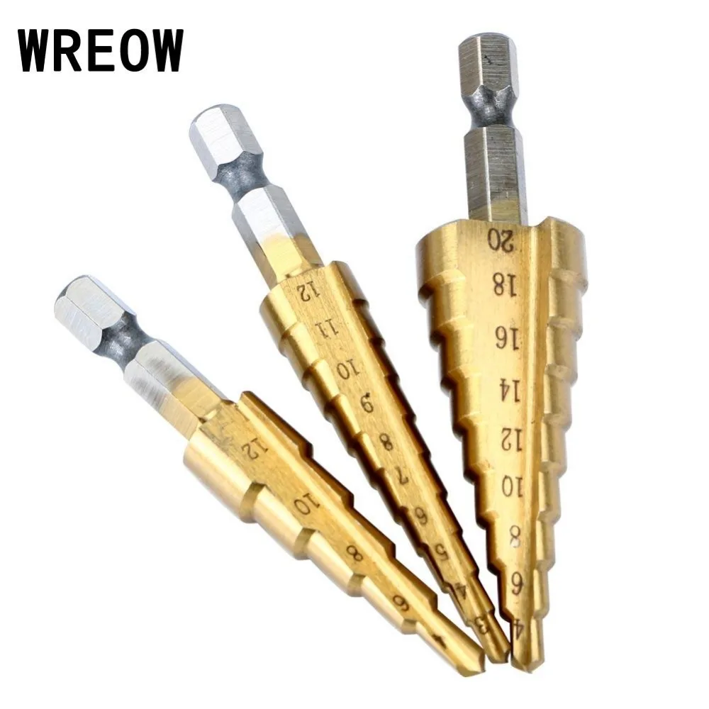 

3Pcs 1/4 Inch tapered drill bit HSS Metric Step Cone Titanium Coated Metal Hex Taper Drill Bit Cut Tool Set 3-12mm 4-12mm 4-20mm