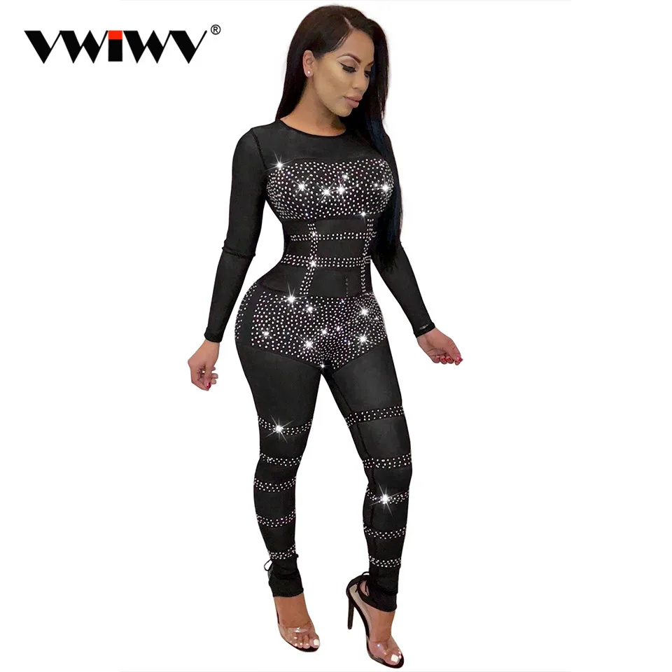 VWIWV Women Sequin Beading Jumpsuit Diamond Geomrtry Long Sleeve Round ...