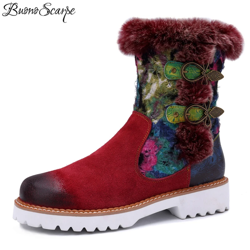 

BuonoScarpe 2019 New Chic Rabbit Fur Winter Snow Boots Women Ethnic Patchwork Thick Sole Retro Flat Warm Boots Vintage Lady Shoe