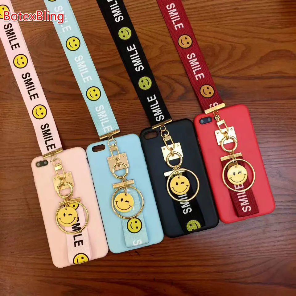 

BotexBling cute smile strap lanyard metal accessories case for iphone X 8 7 7plus 6s plus 6plus cover 5S SE 8Plus XS MAX XR Case