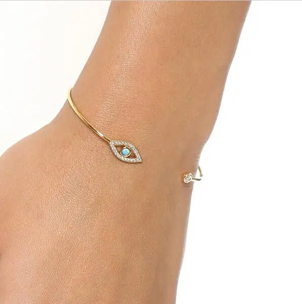 

Simple gold matal wire micro pave round cz turkish evil eye simple Gold color open bangle bracelet
