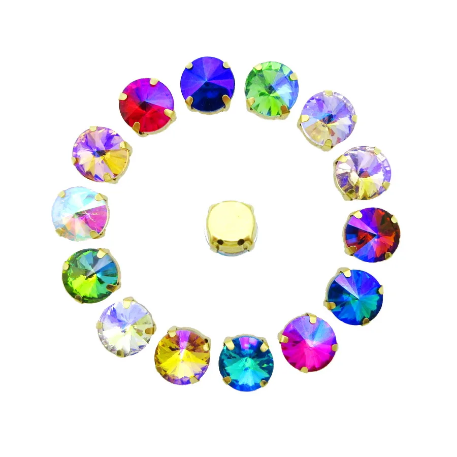 

Colorful glass Crystal Gold claw AB colors 7 sizes Rivoli round shape Sew on rhinestones wedding dress bags shoes decoration diy