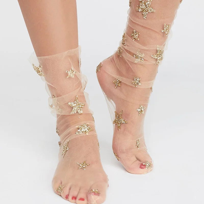 SP& CITY Ins, Модные прозрачные носки со звездами, художественные женские забавные блестящие носки, чулочно-носочные изделия для девочек, Harajuku, короткие носки, женские хипстерские носки - Цвет: gold