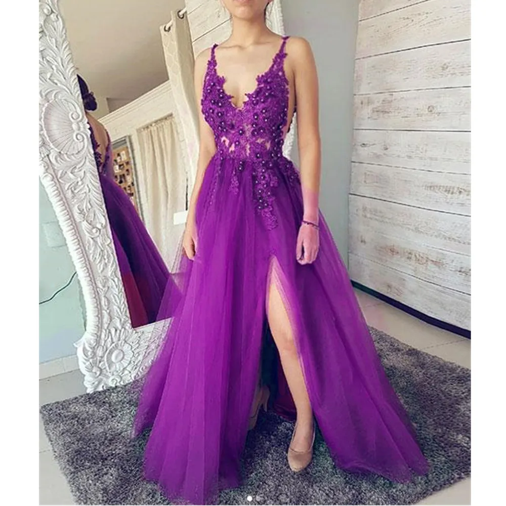 

Wonderful Purple Long Tulle Evening Dress High Split Spaghetti Strap A Line Backless Illusion Summer Party Gowns Robe De Soiree