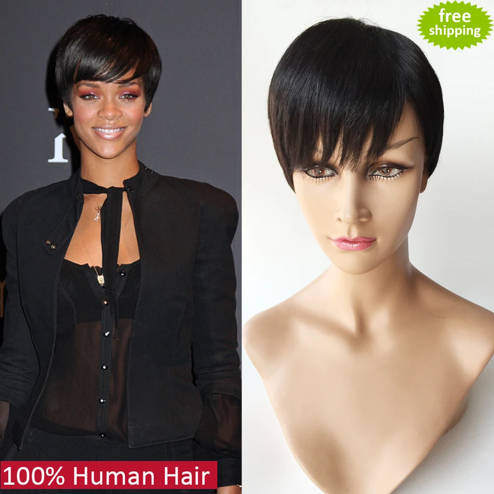 100% unprocessed 7A top grade front full lace human hair wigs machine made glueless Rihanna Chic Cut Short Wigs for black women