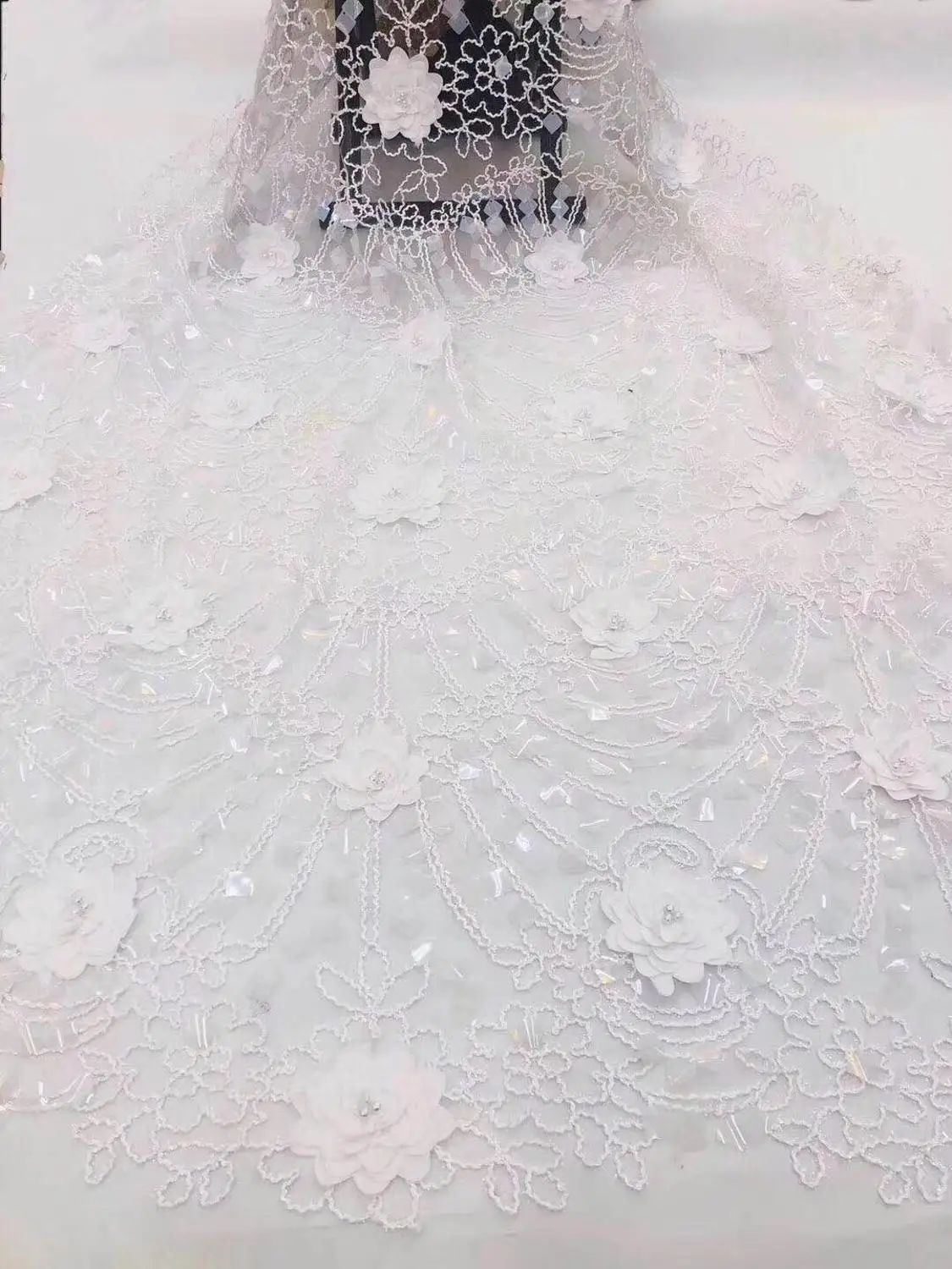 

New French Nigerian sequins net lace,African tulle mesh Sequence lace fabric high quality for wedding dress 5yards/lot white