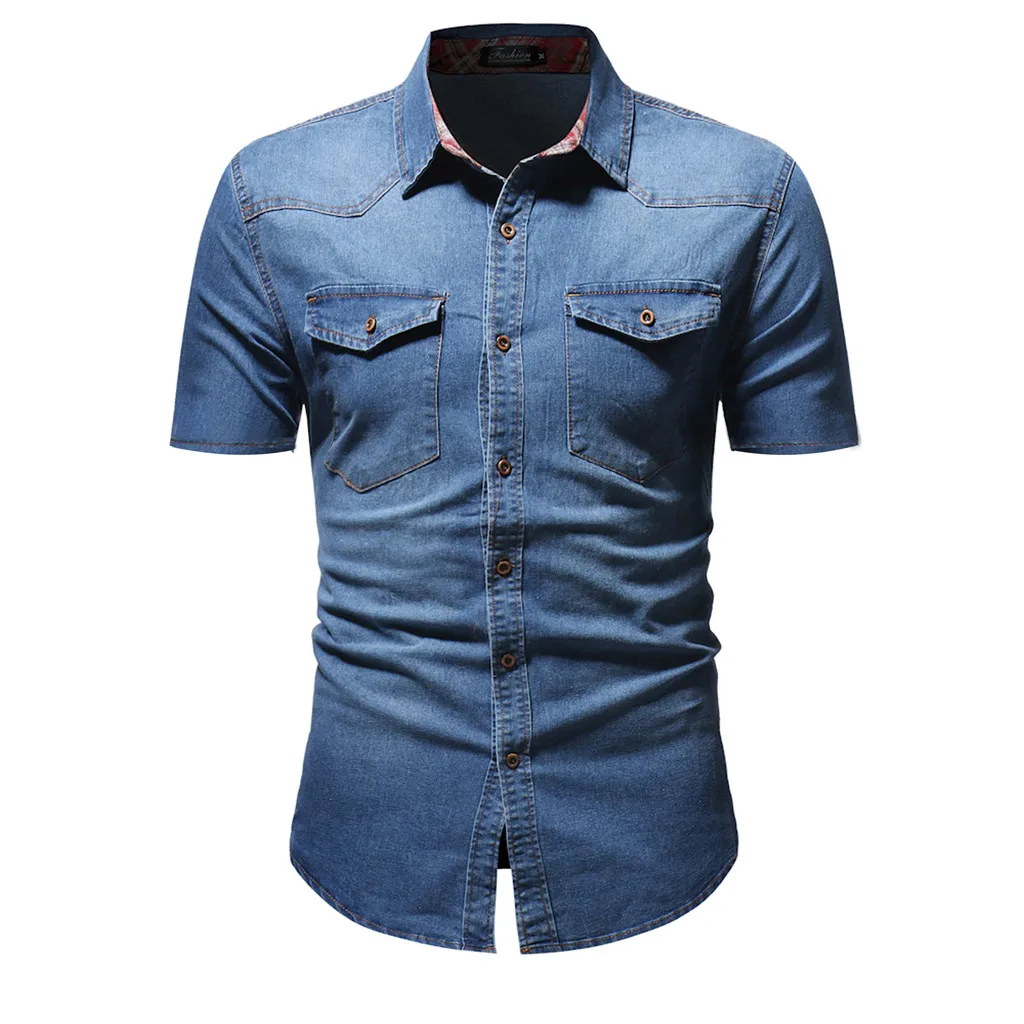 

Spring Autumn Men Denim Thin Shirt Long Sleeve Soft 100% Cotton Two Pockets Slim Slight Elastic Jeans Cowboy Plus Size #G30