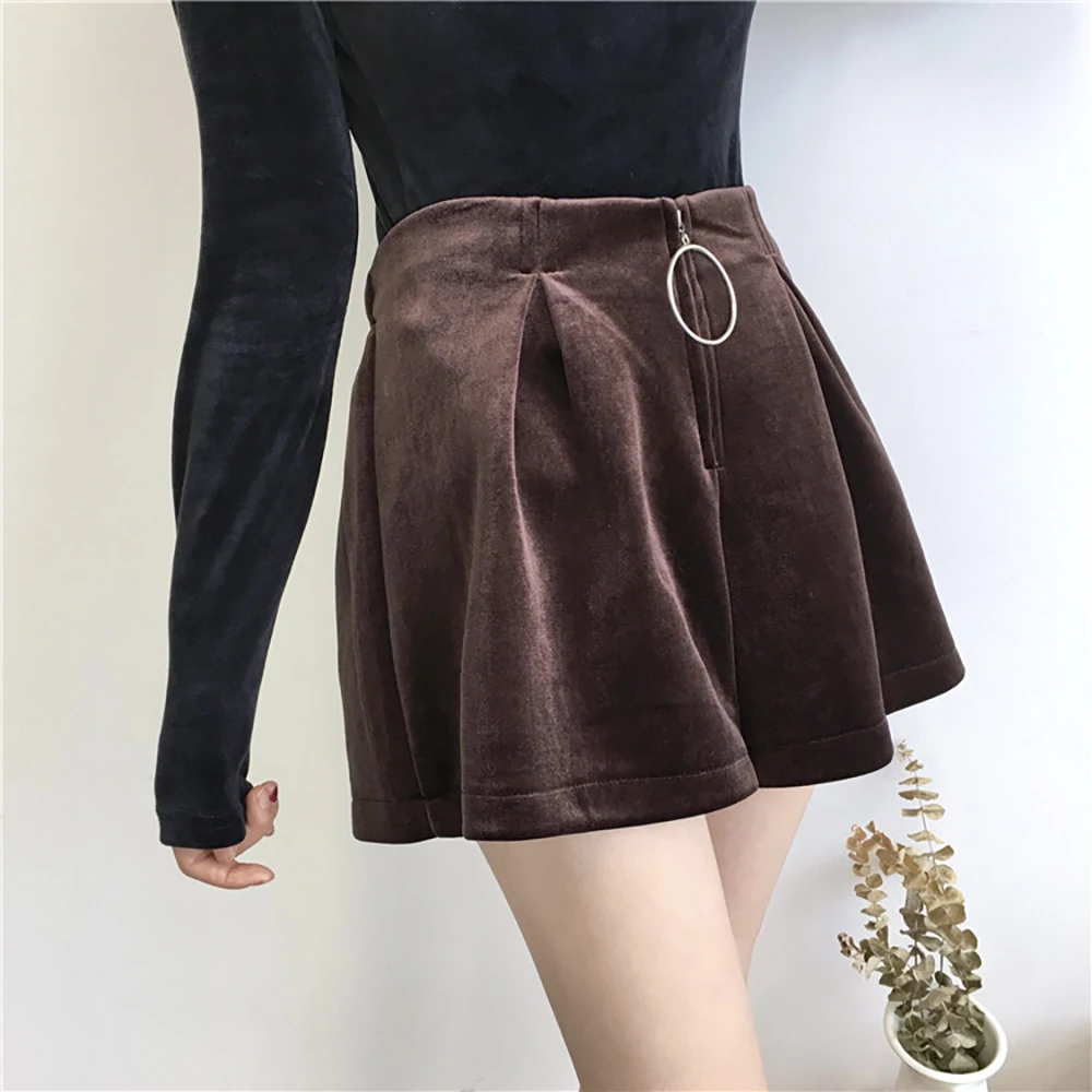

2017 high waist zipper solid velvet thicken elastic loose mini shorts for women female casual wide leg shorts