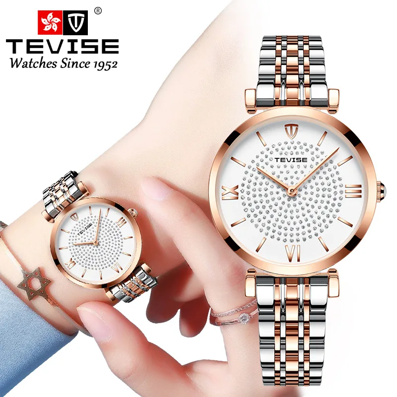 

Tevise Brand Top luxury fashion Watch Women Water Resistant Gold Watch Quartz Diamond Timepiece Women clock relojes mujer