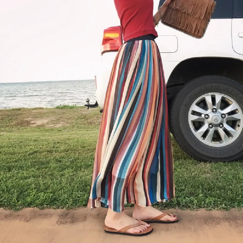 New Fashion Rainbow Colorful Long Skirt Midi Waist High Quality Chiffon