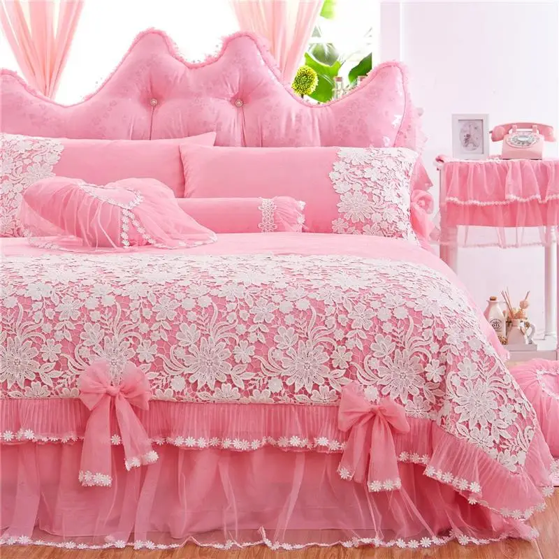 

Pink Jacquard Duvet Cover Set Princess Lace Bedding Sets Luxury 4pcs Girls Wedding Bedspreads Bed Skirt Cotton Home Textile