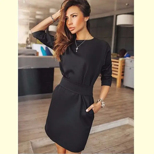 Новое прибытие 2016 Осенняя Мода Женщины Черное платье взлетно-посадочной полосы элегантный украина плюс размер два боковой карман женской одежды