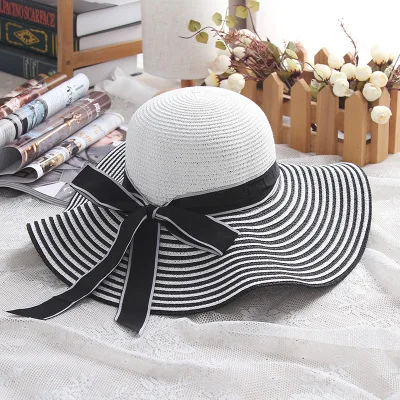 Seioum распродажа, модная шляпа от солнца в черно-белую полоску с бантом, красивая женская Соломенная пляжная шляпа с большими полями - Цвет: 4