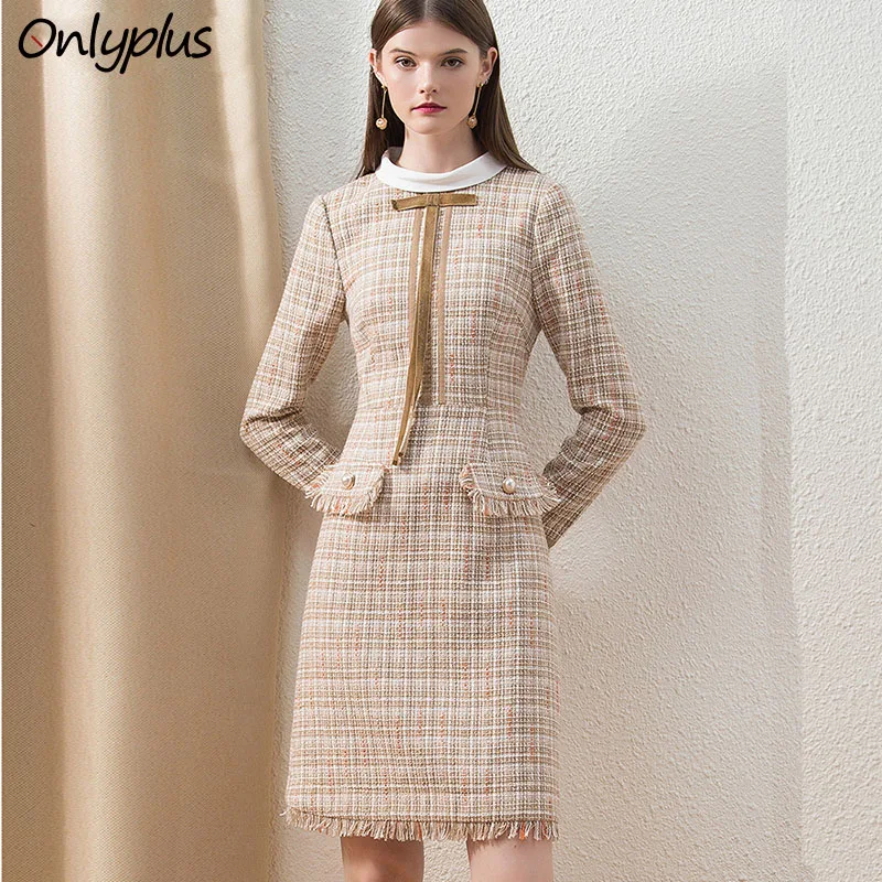 Cena Onlyplus Khaki Tweed sukienka zimowa moda biurowa na zamówienie Midi sukienka damska z długim rękawem szykowna, w kratę gruba pani sukienka wysokiej jakości