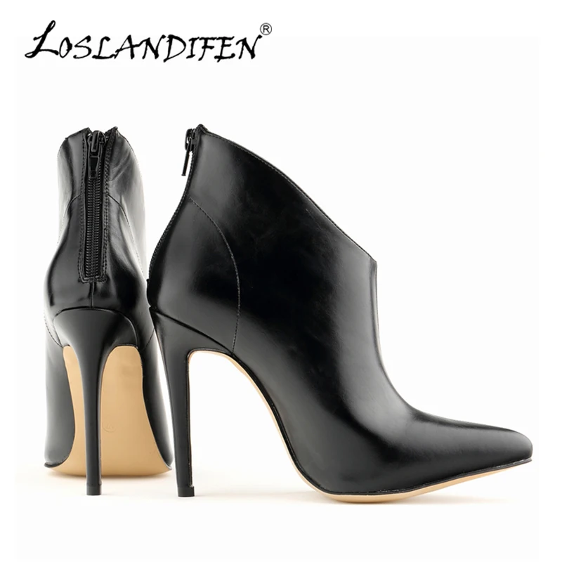 

LOSLANDIFEN New Women Winter Boots PU Leather Platform Pointed Toe Ankle Boots For Women High Heels Stiletto Shoes 769-1YP