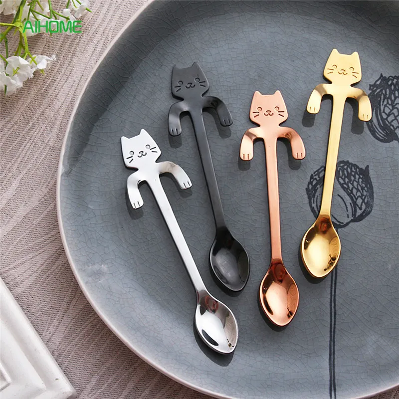 Creative Stainless Steel Cartoon Cat Hand Coffee Tea Spoon Ice Cream Dessert Long Handle Hanging Spoons Tableware Kitchen Tools