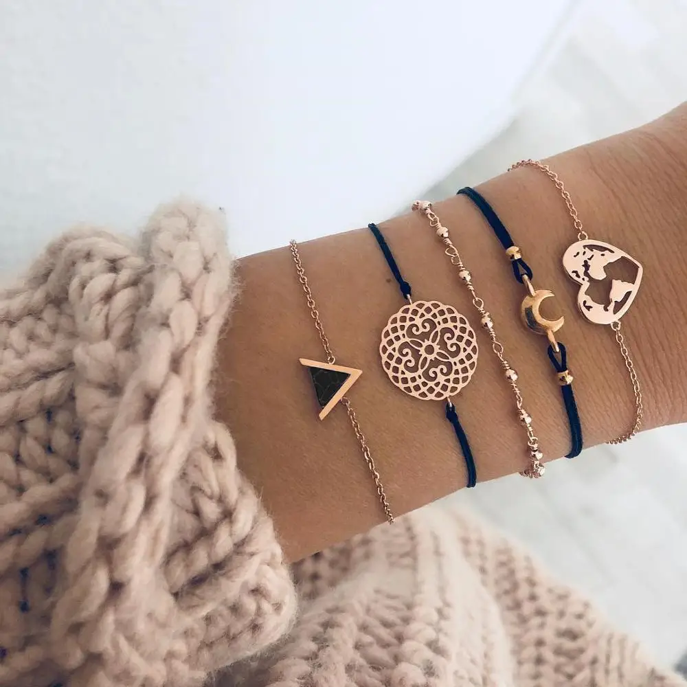

5Pcs/Set Simple Women Fashion Triangle Charm Bracelets Bohemia Heart Moon Wrist Link Chain Flower Pattern World Map Bracelet