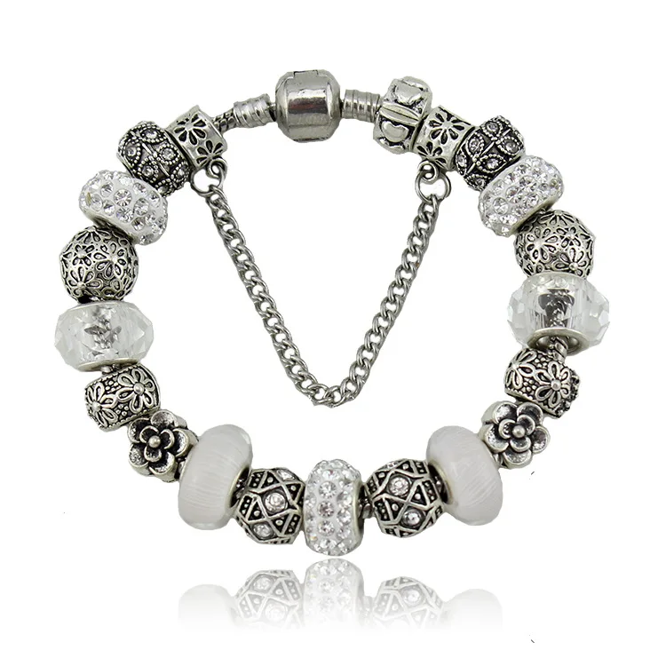 

Suitable for women's European retro Pan With The Same Bracelet White Glass Beads Etro Silver Plated Friendship Bracelet