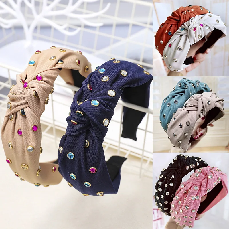 

Hot sale 25 Colors Crystal Korean Knot Beading Coloured Diamond Soft Comfortable Wide Bohemian Handmade 1PC Cross Headband