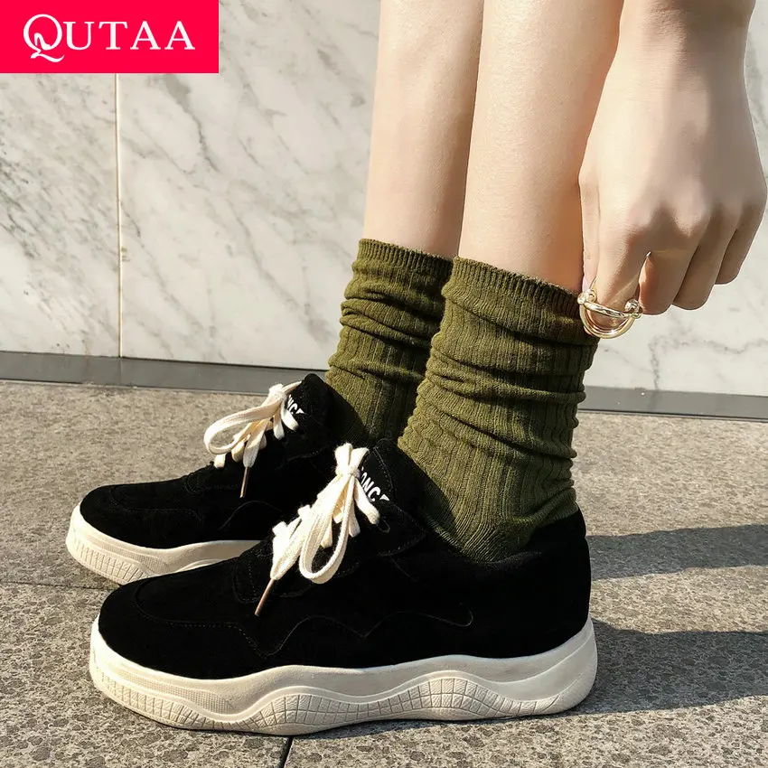 

QUTAA 2020 Women Pumps Scrub Wedges Heel Spring/ Autumn Casual Lace Up Round Toe Women Shoes Ladies Pumps Big Size 34-43