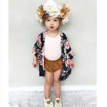 

Stylish Kids Toddler Girls casual clothes Long Sleeve Tassel Floral print Able Cardigan Chiffon Coats one pieces