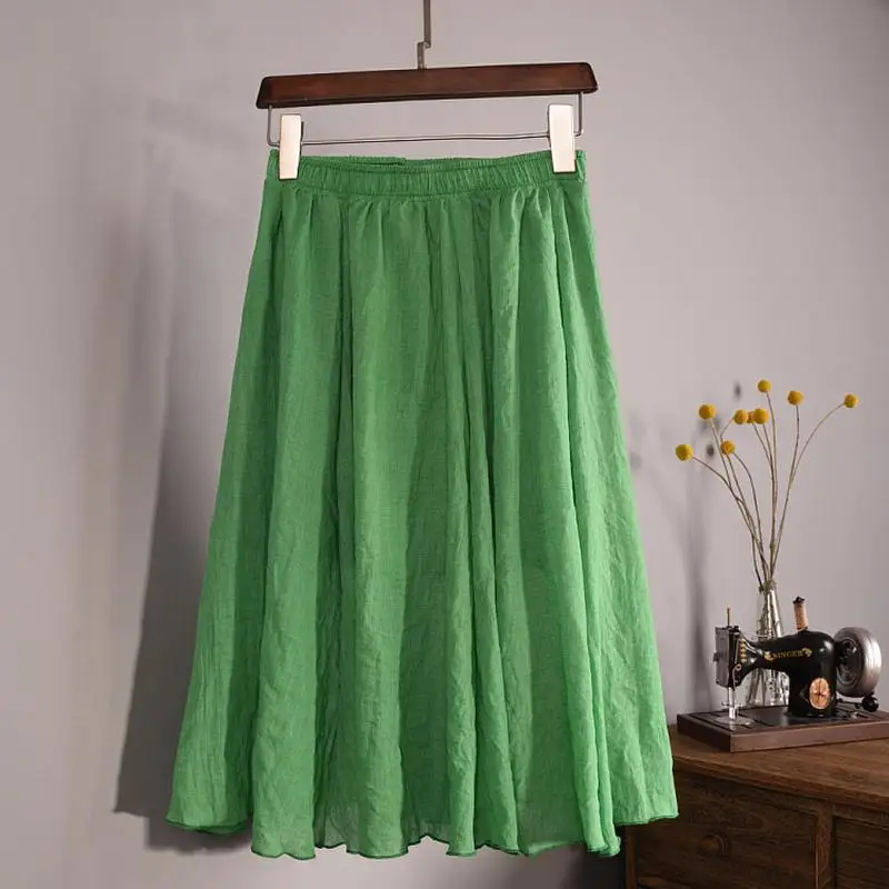 Новая мода Женские винтажные 11 цветов льняные Плиссированные Миди юбки с высокой талией Элегантные женские тонкие юбки с эластичным поясом Saias SK06 - Цвет: Green