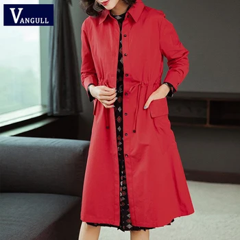 

Vangull Women Trench Coat Single Breasted Autumn Casual Coat Drawstring Adjust Waist Plus size Long Trench Spring Thin Outwear