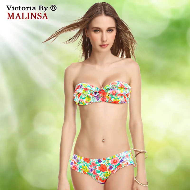 

Original Factory Victoria Lovely Floral Push-up Bra Underwire Swim Suit Women Bikini Vintage Bathing Swimwear Real Picture