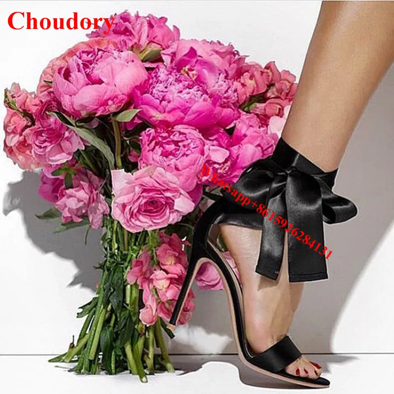 Bow Ankle Strap Sandals Elegant Ribbon Ties Stiletto Heels Black/Red