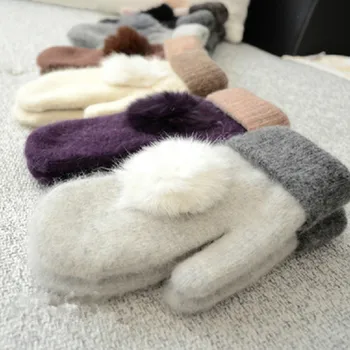 

Lovely Women Winter Warm Knitted Wool Thicker Cashmere Mittens Ladies Cute Faux Rabbit Hair Ball Gloves