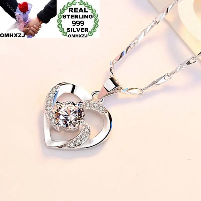 

OMHXZJ Wholesale Personality Fashion OL Woman Girl Gift White Amethyst Heart AAA Zircon S999 Sterling Silver Pendant Charm CH01