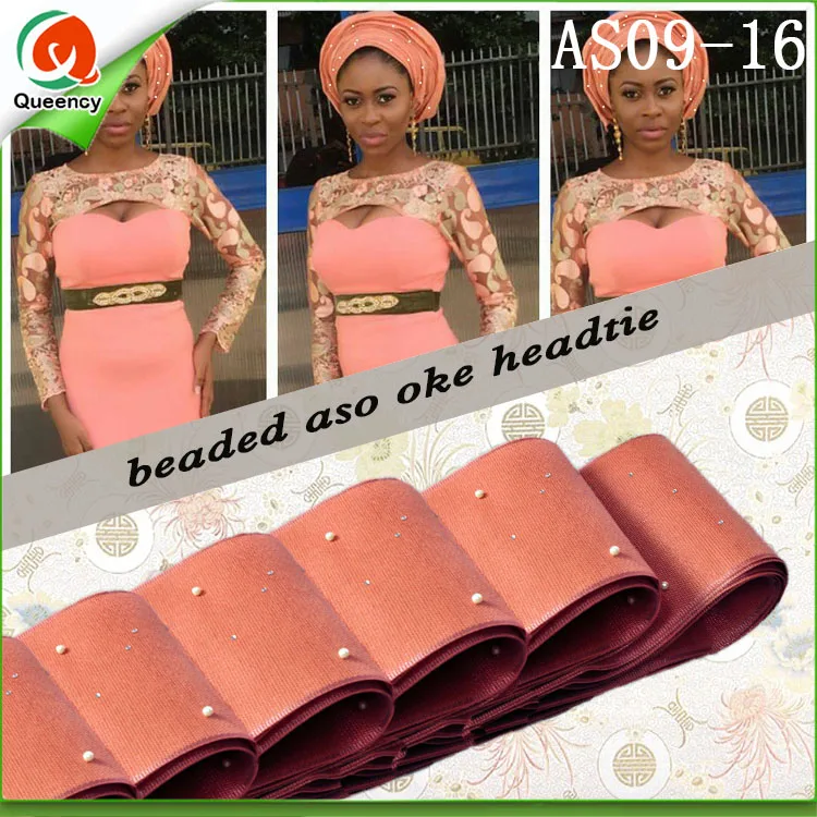 

AS09 the Newest African Aso-Oke Headtie Solid and Plain Peach color African Aso Oke with Beads and stones for Party or Wedding