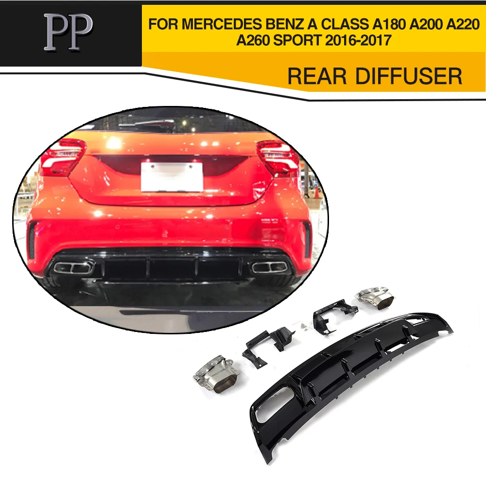 Car Styling PP Rear Diffuser Lip With Exhaust Muffler For Mercedes Benz A Class A180 A200 A220
