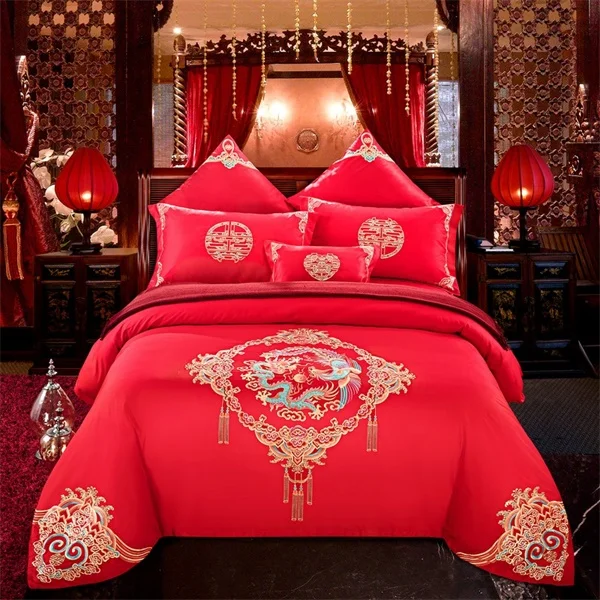Традиционное китайское свадебное постельное белье набор Королева Король Размер тематика "Счастье для двоих" Дракон Феникс павлин вышитые хлопковые пододеяльники - Цвет: 5