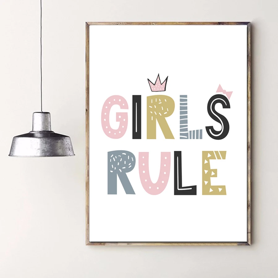 

PTA106 Cartoon Girls Rule Quote Canvas Art Print Poster, Boys Rule Wall Pictures for Girl Room Decoratio