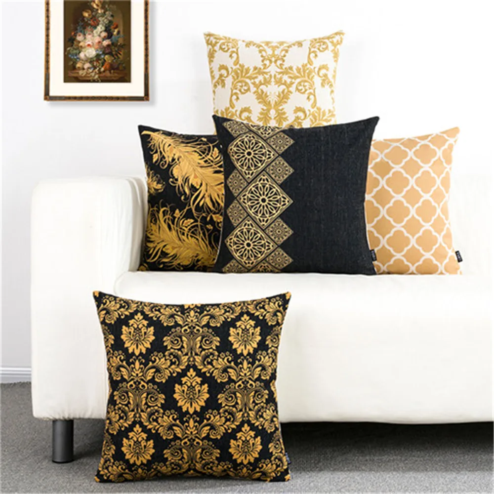 Черного и золотого цвета с геометрическим рисунком Подушка Чехол для подушки наволочка золотистый растительный цветок в виде геометрических фигур Capa De Almofadas размером 45*45 см