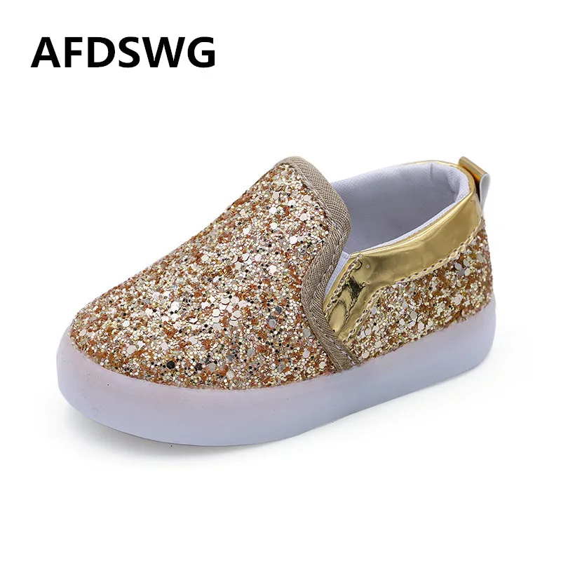 

AFDSWG spring and autumn glittering LED flashing gold kids boys casual soft bottom children sport shoes pink sneakers girls