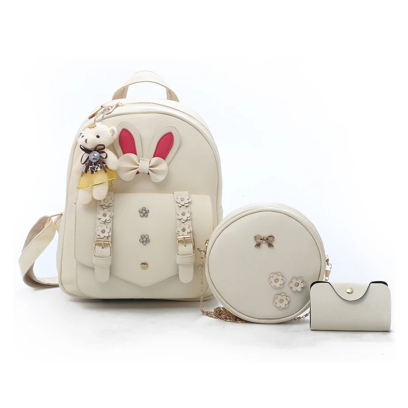 

Backpack Female 3 Piece Composite Bag Bear Hanging Inlaid Imitation Diamond Bow Appliques Chain Fashion Casual Shoulder Bags