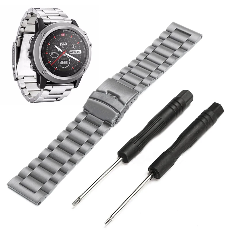 Black Silver Stainless Steel Replacement Wrist Band Sport Safety Wrist Support Wristband Strap for Garmin Fenix 3/3 HR with Tool