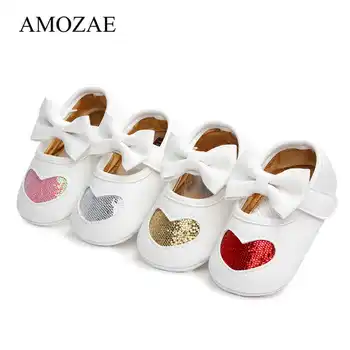 

Newborn Baby Shoes For Girls PU Leather Love Shining With Bow First Walkers Baby Soft Bottom Princess Kids Sneaker Free Shipping