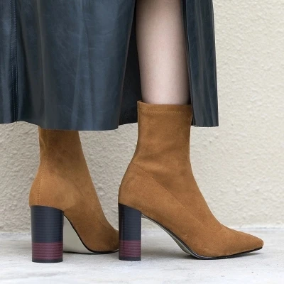 

Women's shoes 8cm thick with pointed high heels leather elastic boots 2018 new women's boots autumn and winter boots